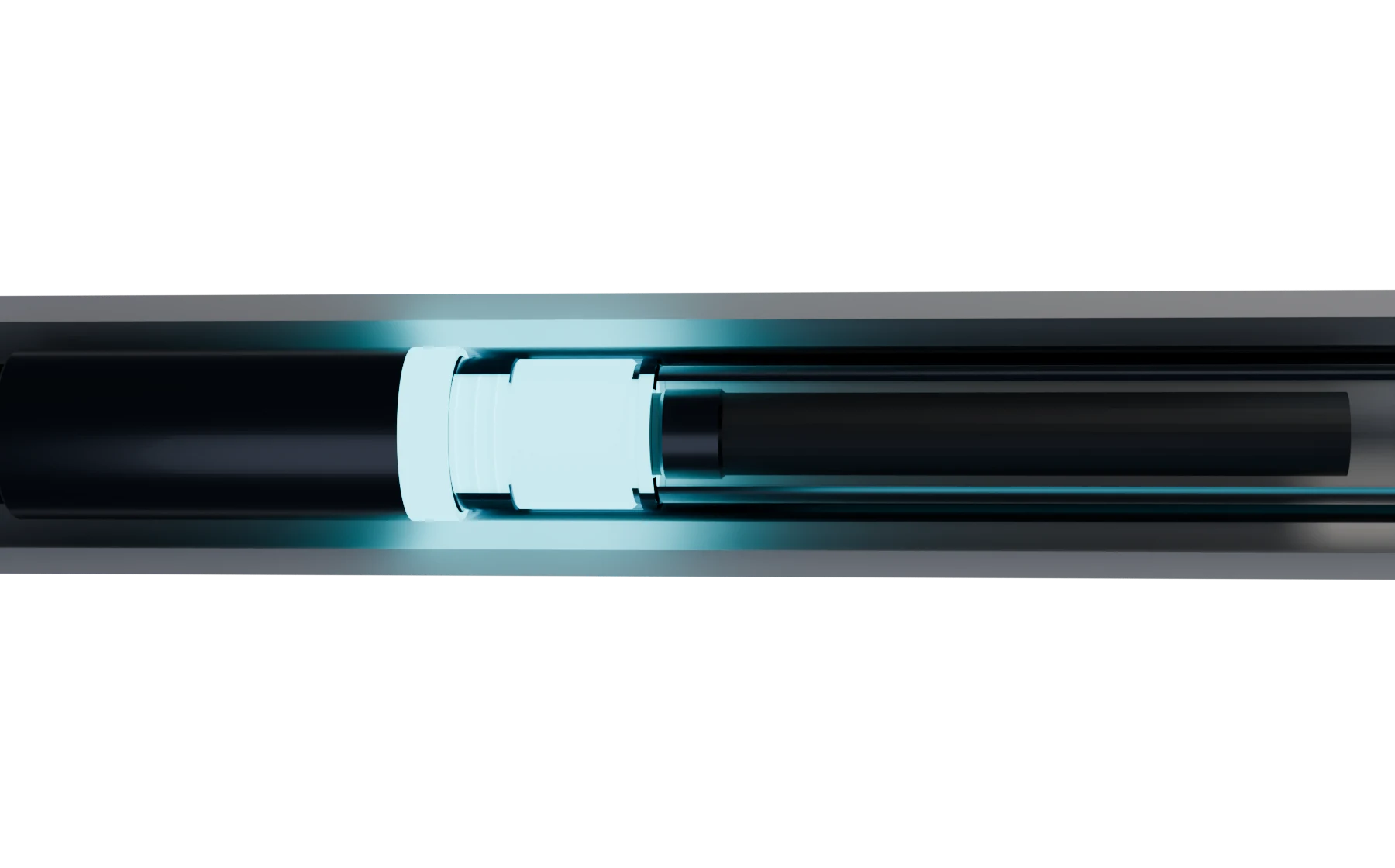 The WellFi deployed inside the production tubing — housing ghosted to reveal the EM isolator collar and internal sensor